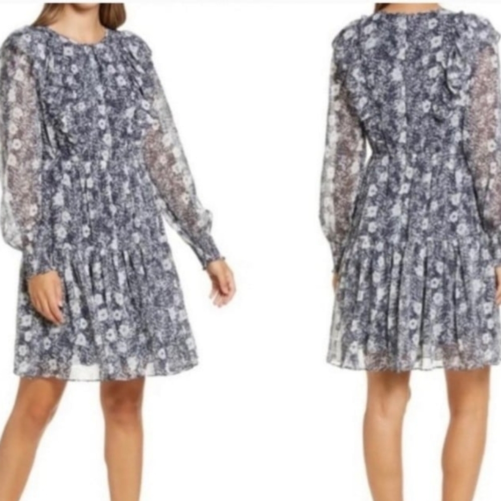 Rachel Parcell Black and White Floral Long Sleeve Chiffon Dress